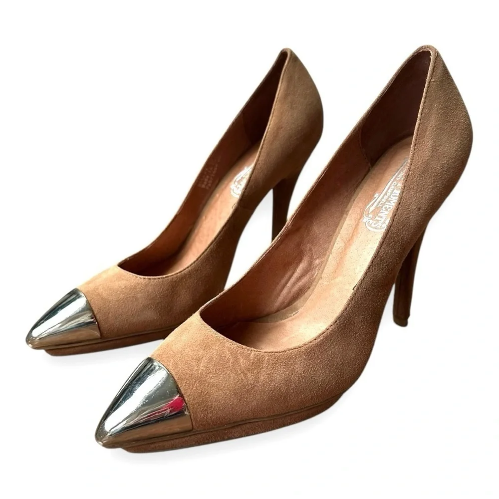 New Jeffery Campbell Bullet Beige Suede Silver Capped Pointed Toe Pumps | 9